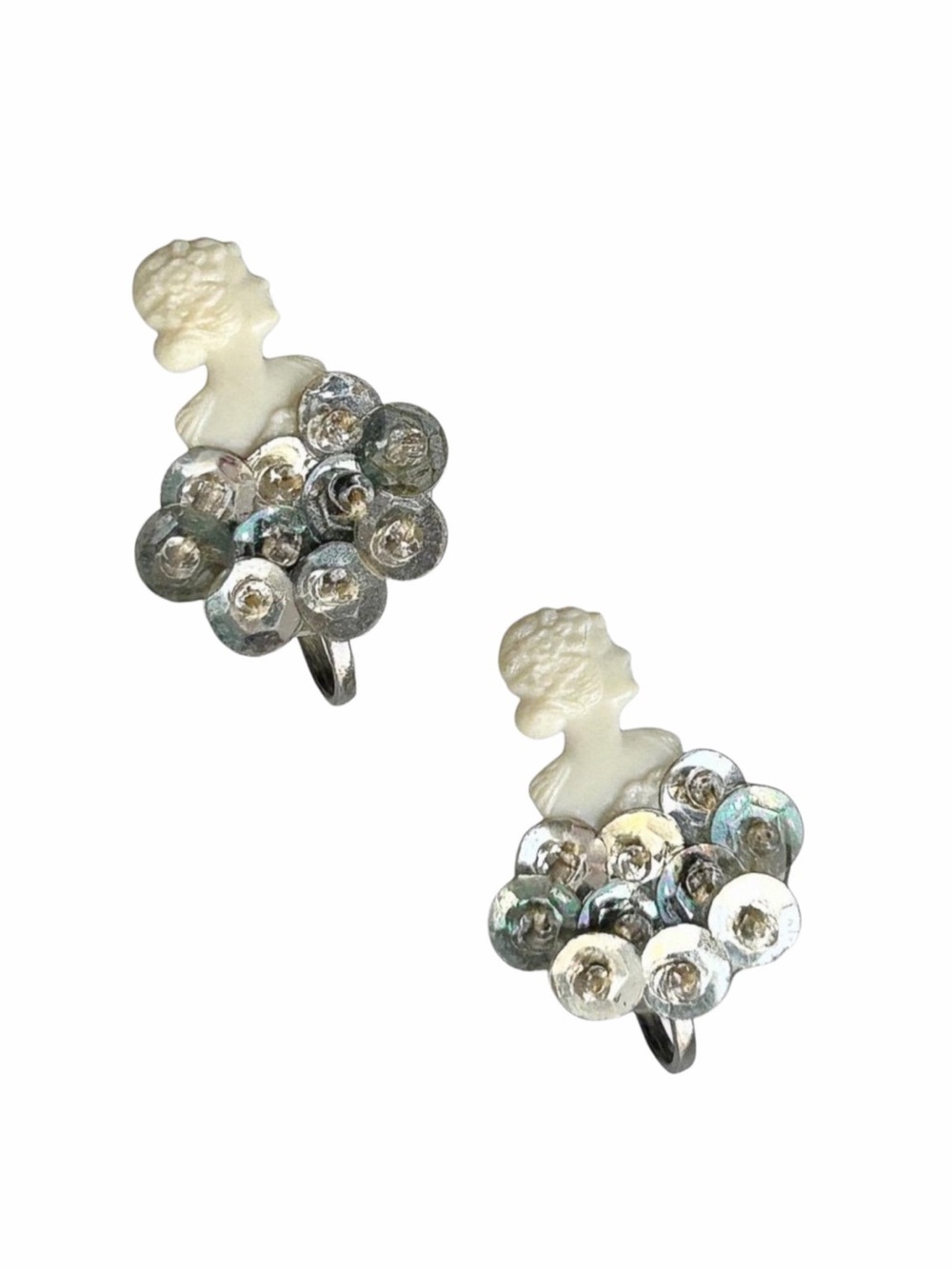 Vintage Petite Cameo Sequined Iridescent Earrings